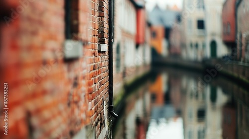   A wall adjacent to water with structures on either side and a channel dividing them