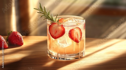 Refreshing strawberry rosemary cocktail in sunlight.