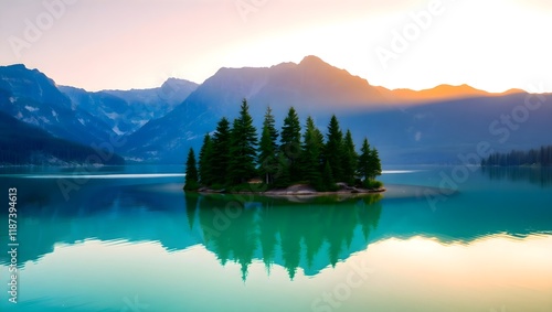 beautiful natural landscape with mountains, lake, and forest, scenic outdoor view at sunset