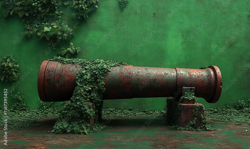 Obraz premium Rusty cannon, overgrown with vines, green background.