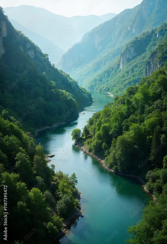 River winding through a lush green valley River winding through a lush green valley