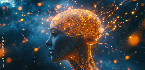 A profile of a humanoid figure showcases glowing neural patterns and connections, symbolizing artificial intelligence. The vibrant network radiates energy against a dark background.