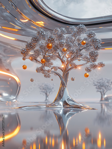 A metal tree with chrome-like branches and glowing fruits