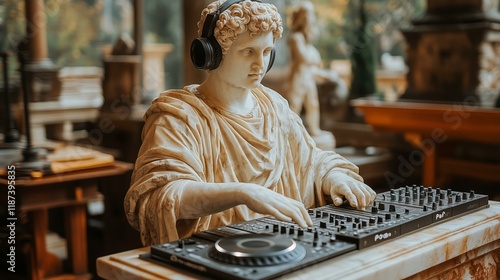 Creative fusion: ancient statue with modern dj equipment in classical setting