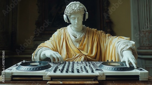 Classical statue dj mixing music with headphones in unique fusion of art and sound