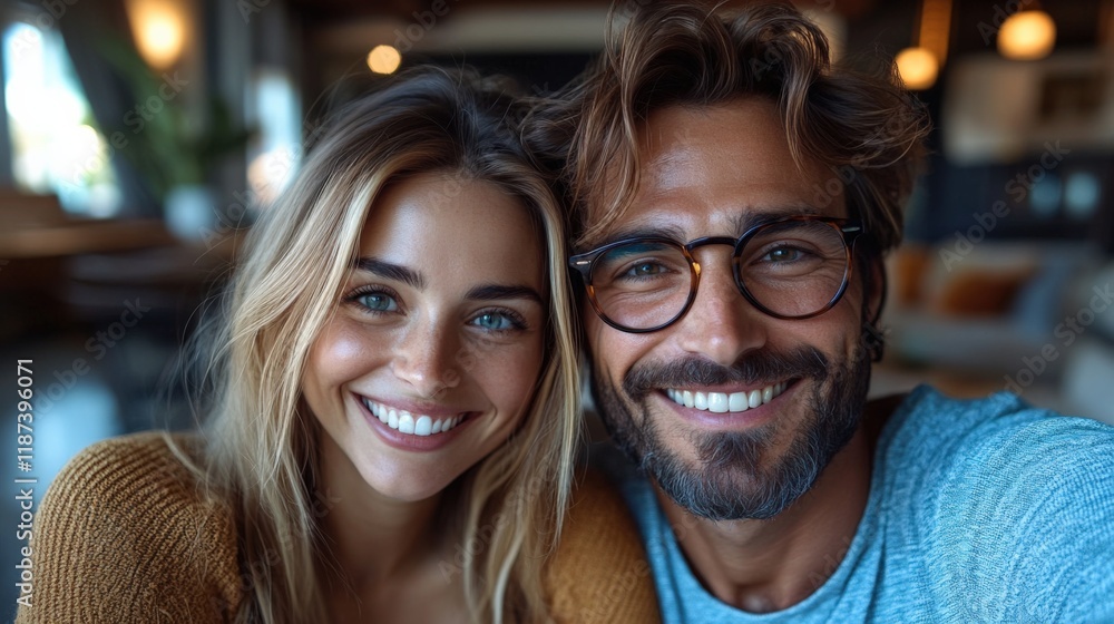 Smiling Couple Enjoying a Cozy Moment Indoors at a Stylish Setting Generative AI Smiling Couple Enjoying a Cozy Moment Indoors at a Stylish Setting Generative AI
