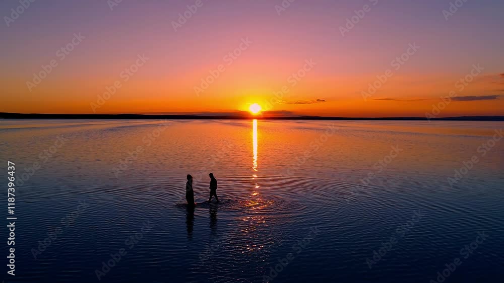 Silhouettes of two people walking on a tranquil lake during a sunset with orange and purple hues. Perfect for nature, serenity, and romance-themed. Silhouettes of two people walking on a tranquil lake during a sunset with orange and purple hues. Perfect for nature, serenity, and romance-themed.