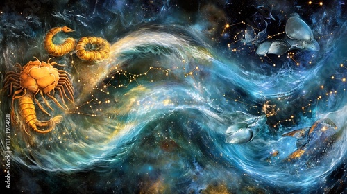 Depiction of water signs visualizing Cancer Scorpio Pisces in flowing cosmic waves photo