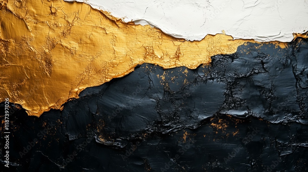 Fototapeta premium Abstract texture with black, gold, and white layers of textured paint