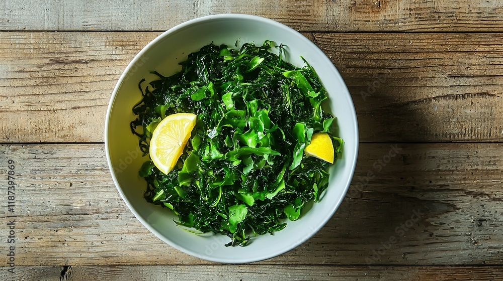 A white bowl with spinach and lemon wedges sits on a wooden table beside a wooden wall A white bowl with spinach and lemon wedges sits on a wooden table beside a wooden wall