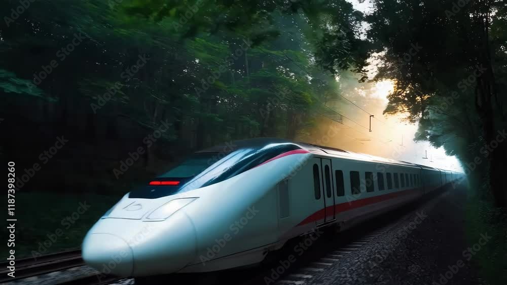 White high speed train emerging from a misty forest at dawn, creating a magical and scenic atmosphere White high speed train emerging from a misty forest at dawn, creating a magical and scenic atmosphere