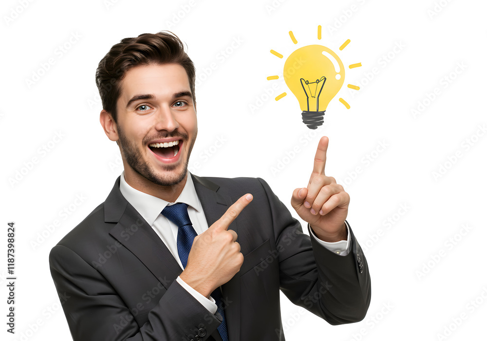 Handsome smiling male executive pointing his finger Handsome smiling male executive pointing his finger