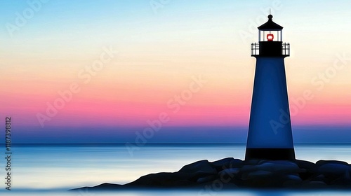   A lighthouse atop a rock amidst water, bathed by a sunset backdrop