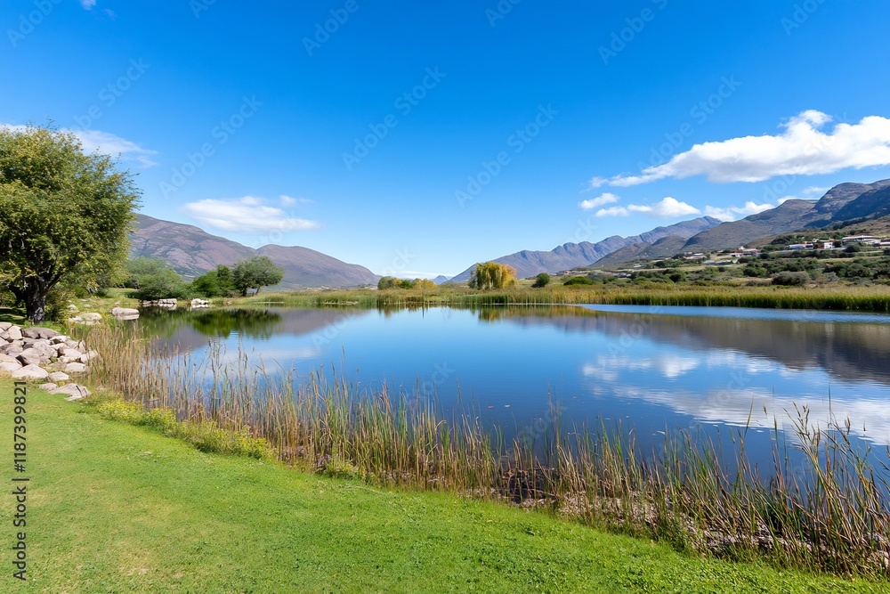 Naklejka premium Calm mountain lake reflecting sky, tranquil nature scene, ideal for travel brochures
