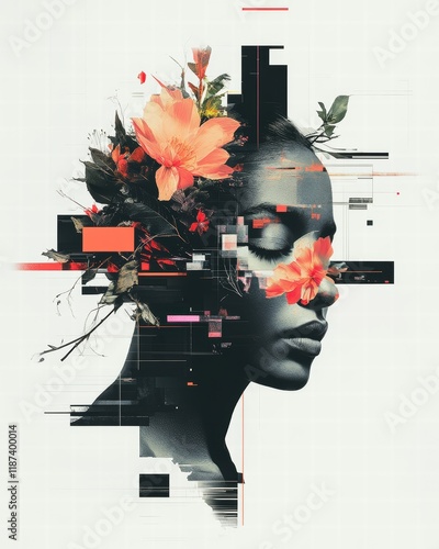 Colorful collage portrait of woman with flowers covering eyes