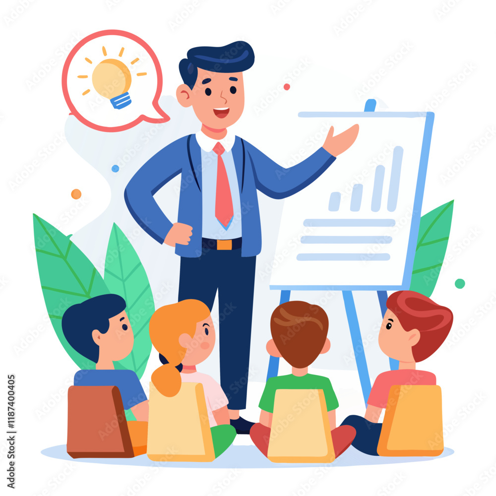 A sales manager is enthusiastically presenting motivational ideas to a small group of attentive employees in a bright office. Visual aids support the discussion, enhancing engagement A sales manager is enthusiastically presenting motivational ideas to a small group of attentive employees in a bright office. Visual aids support the discussion, enhancing engagement