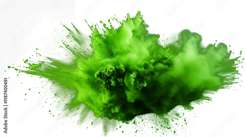 Fototapeta premium Vibrant Green Powder Explosion, isolated on transparent background 