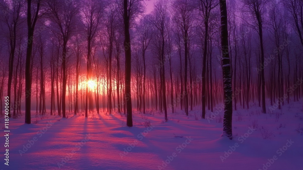 Fototapeta premium Purple winter sunrise over snowy forest with fog.