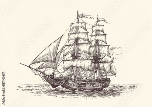 A hand-drawn, modern illustration of a pirate ship cruising on a sailboat photo