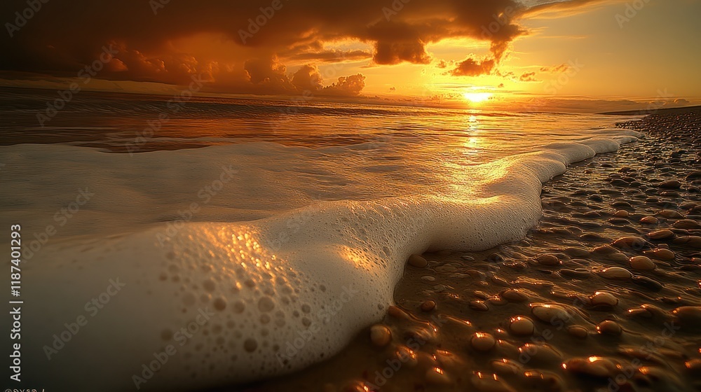 Obraz premium Ocean foam washes over seashells on beach at sunset.
