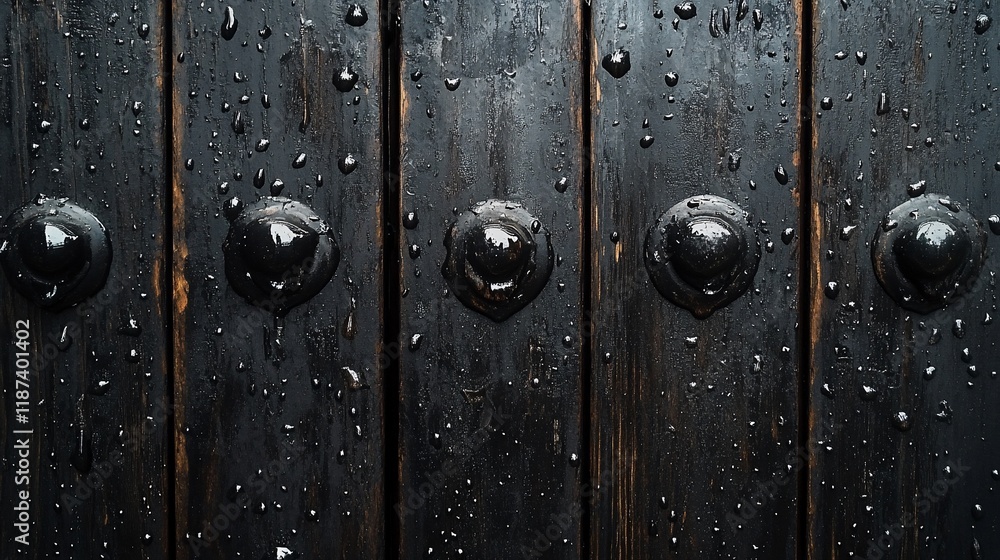 Obraz premium Dark wood planks with water droplets and metal studs.