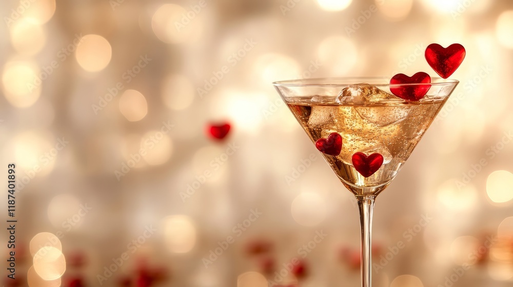Cocktail glass with ice cubes, champagne, red heart shape decorations on golden bokeh background. Cocktail glass with ice cubes, champagne, red heart shape decorations on golden bokeh background.