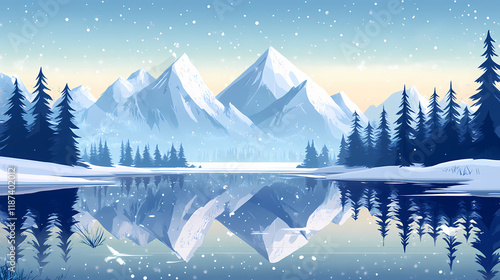 Ethereal winter wonderland majestic snowbound mountain peaks reflected on a frozen lake. Snowbound. Illustration photo