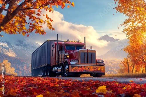 Truck in Autumn Landscape. A red truck drives through an autumn landscape with vibrant leaves. Ideal for transportation-themed designs or fall events.