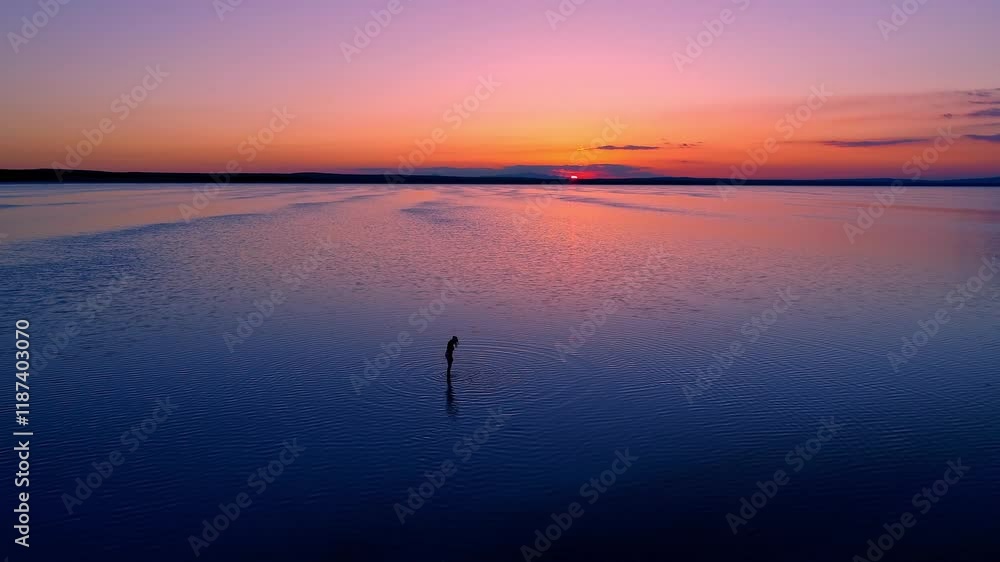 Silhouette of a person standing on a tranquil lake at sunset, surrounded by vibrant orange and golden hues. A stunning view ideal for nature, serenity, and inspirational-themed. Silhouette of a person standing on a tranquil lake at sunset, surrounded by vibrant orange and golden hues. A stunning view ideal for nature, serenity, and inspirational-themed.
