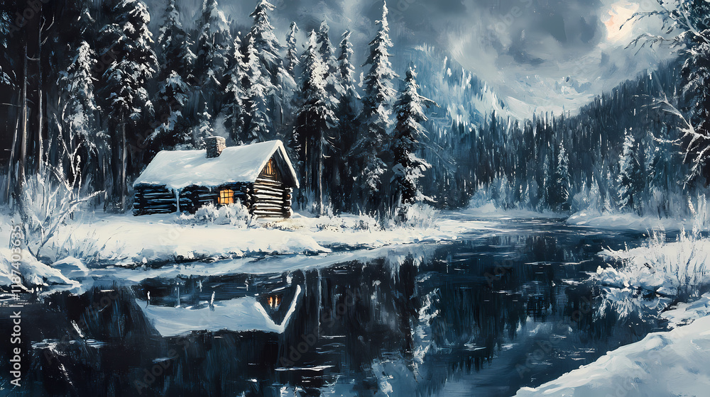 Fototapeta premium cozy snowbound log cabin