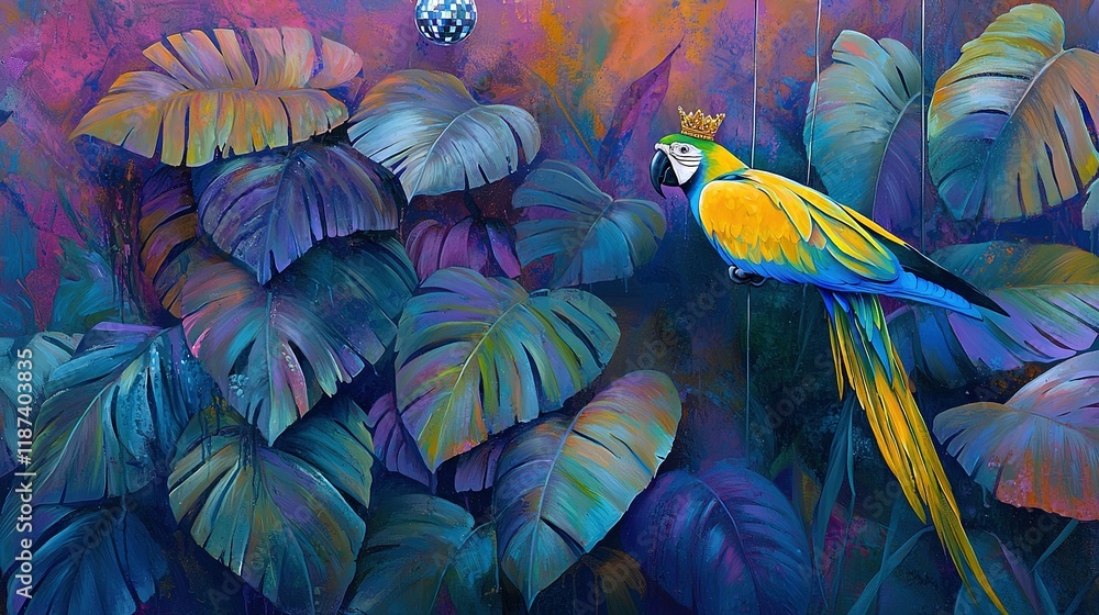 Fototapeta premium A portrait of a regally crowned parrot perched atop a leafy branch