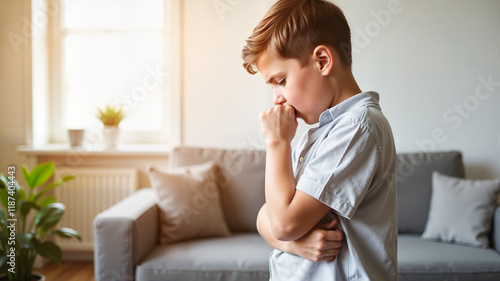 Sick Boy Sitting on Couch photo