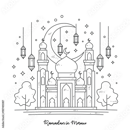 Simple sketch drawing of Ramadan Kareem illustration in Morocco. Ramadan Kareem themes in simple sketch concept design vector. Design with Mosque, building, lantern, moon, star and others ornament.