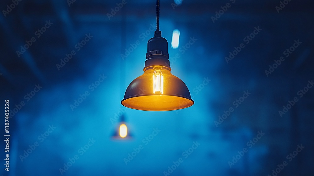 Obraz premium Glowing vintage pendant lamp against a blue background.