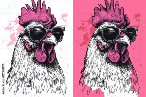 An abstract hand-drawn artwork showcasing a rooster in ink sketch, set against a vintage farm fowl engraving, with a hen silhouette and a cock in hipster sunglasses and a hat photo