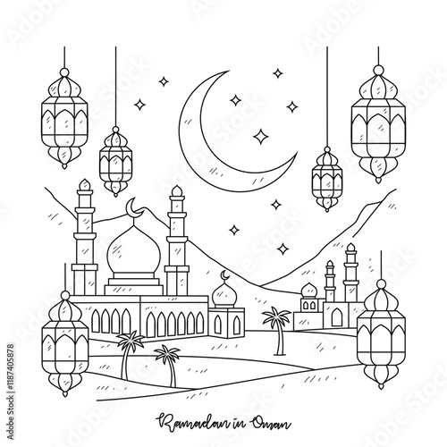 Simple sketch drawing of Ramadan Kareem illustration in Oman. Ramadan Kareem themes in simple sketch concept design vector. Design with Mosque, building, lantern, moon, star and others ornament.