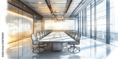 A detailed sketch of a spacious conference room featuring a long table surrounded by ergonomic chairs, illuminated by large windows and modern lighting fixtures.