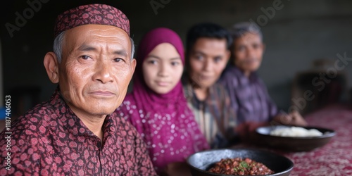 A group of four family members gathered around a traditional dining table, showcasing cultural roots and the importance of family bonds in social gatherings. photo