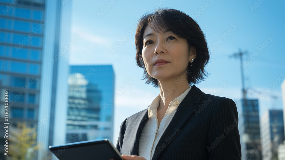 Fototapeta premium オフィスビル街の青空の下、タブレットを操作するスーツ姿の40代日本人女性のポートレート