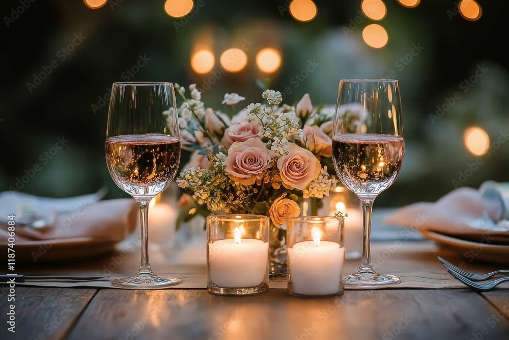 Romantic Table for Two with Candles, Flowers, and Wine Romantic Table for Two with Candles, Flowers, and Wine