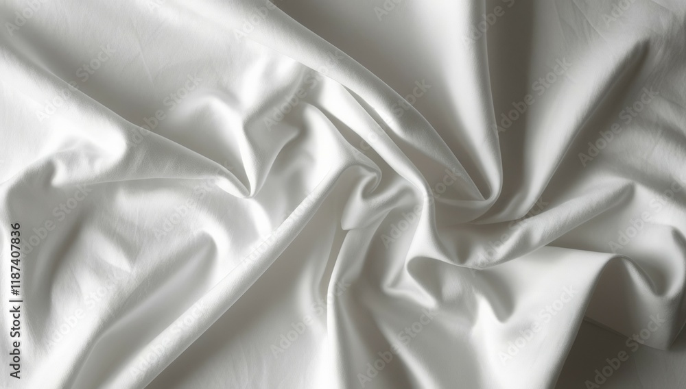 Obraz premium Top view of a wrinkled white fabric lies gracefully on a surface, showcasing its texture and gentle folds. The light reflects beautifully, highlighting the smoothness and depth of the material