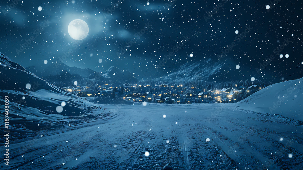 Obraz premium A snowbound square of illuminated alpine village high in snowy mountains at snowfall winter night. with no people festive. christmas village. christmas background. Snowbound. Illustration