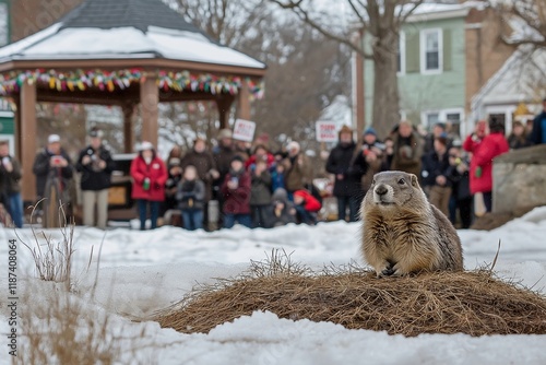 Groundhog Day Celebration in Town Square: Groundhog Emerging from Burrow