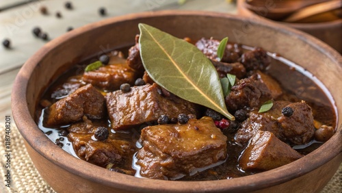 Tender pieces of adobo chicken and pork simmering in rich spices, a flavorful feast for any occasion photo