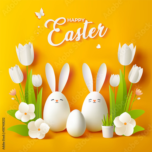 Happy easter banner design. Easter greeting card. Vector illustration easter egg greeting. Easter yellow background. Happy easter eggs banner background card. Easter banner. Easter flyers. Easter day