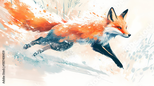 A vibrant fox running through the snow, showcasing its graceful movement. Snowbound. Illustration photo