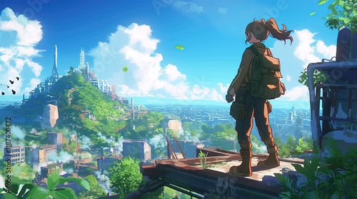 Anime girl standing on a cliff, gazing at the horizon under a bright sunny sky, with a sense of adventure and freedom.
Seamless looping 4k time-lapse virtual video animation Generated AI