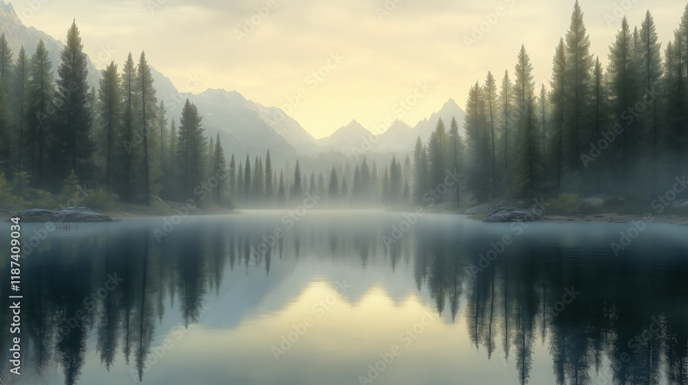 Fototapeta premium Bergsee spiegelt Berge im Morgennebel