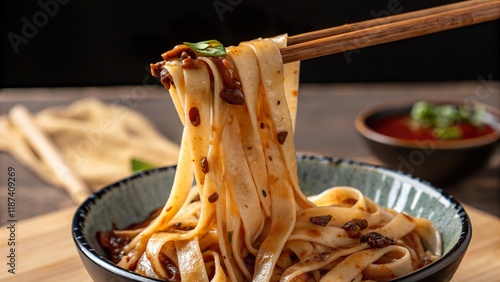 Delicious biang biang noodles served in a bowl with savory sauce and chopsticks, showcasing a traditional dish from China photo