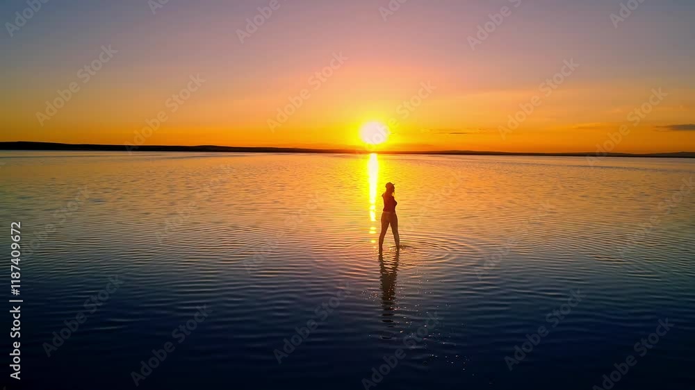 Silhouette of a person standing on a tranquil lake at sunset, surrounded by vibrant orange and golden hues. A stunning view ideal for nature, serenity, and inspirational-themed. Silhouette of a person standing on a tranquil lake at sunset, surrounded by vibrant orange and golden hues. A stunning view ideal for nature, serenity, and inspirational-themed.